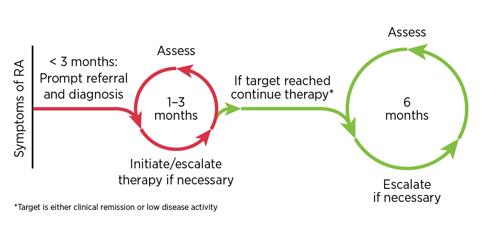A patient with suspected RA should be referred promptly to
a rheumatologist, and diagnosis and treatment initiated within the 3-month
‘window of opportunity’. Assess disease activity regularly (every 1–3 months), with
the rheumatologist escalating DMARD treatment if required, until the target of
clinical remission or low disease activity is reached. After the target has
been reached, less regular assessments are still required (every 6 months), with
the rheumatologist modifying the treatment if necessary, to maintain the
treatment target.