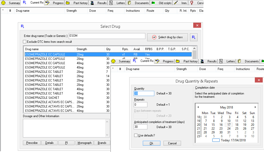 Screenshot of MedicalDirector Select Drug and Drug Quantity screens