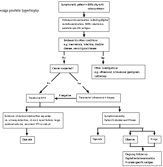 Suggested management of benign prostatic hypertrophy.