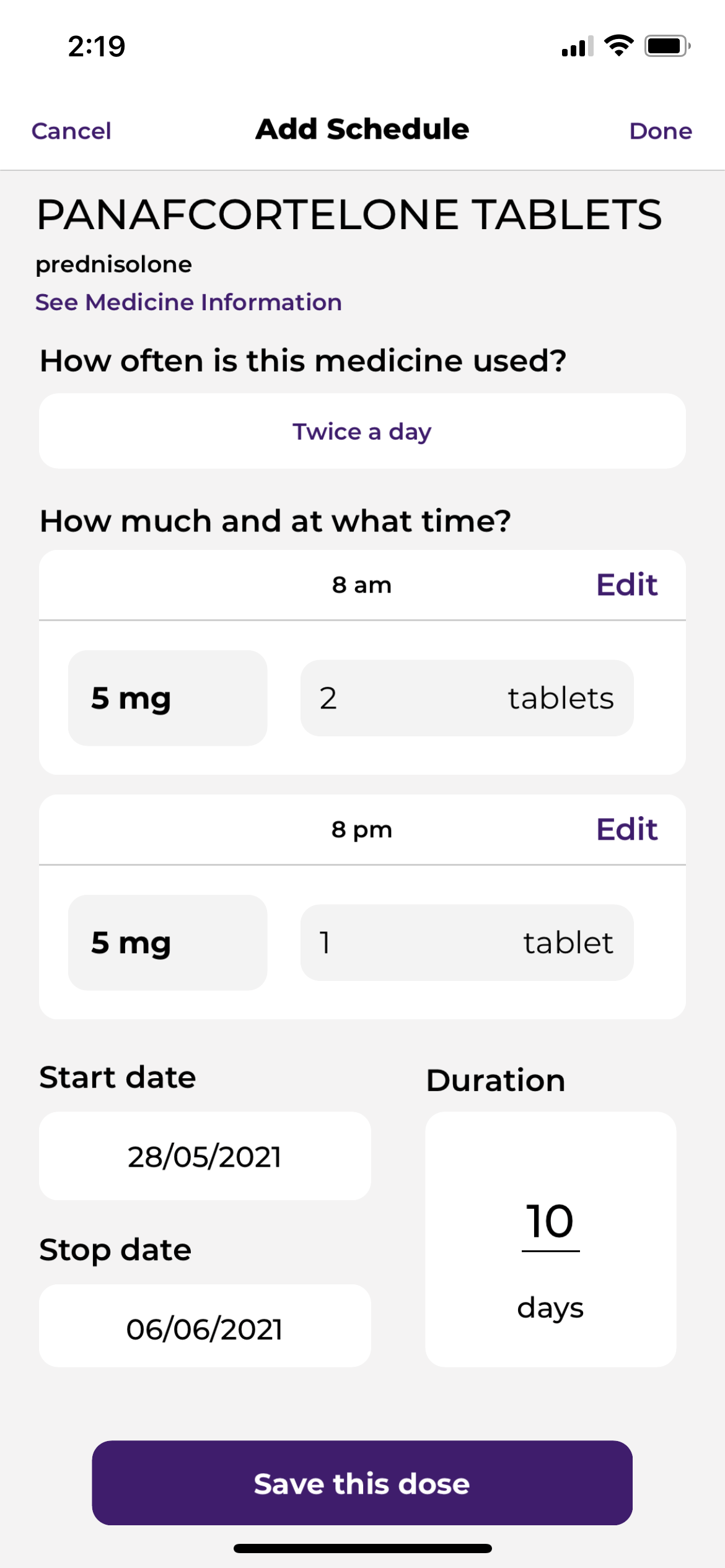 MedicineWise app add variable dose and frequency