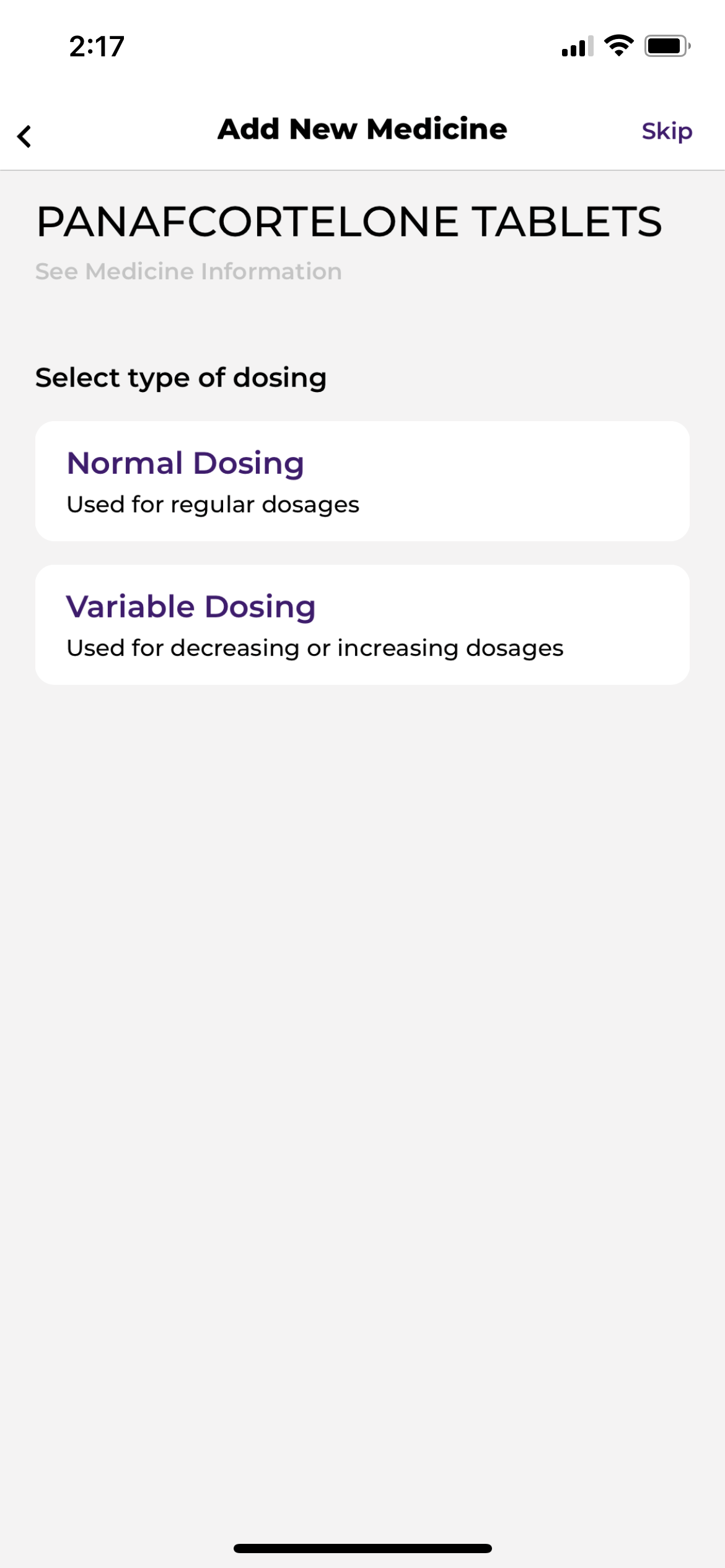 Medicinewise App screen showing selection of dose type