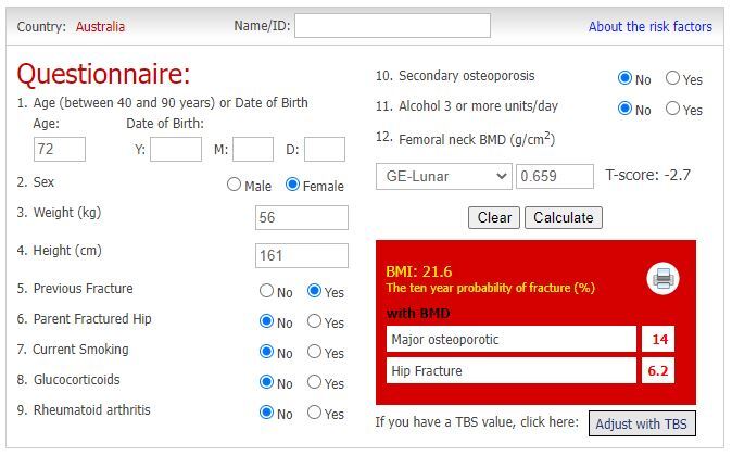 FRAX-calculated 10-year probability of a fracture for the same patient with the additional risk factor of a previous fracture