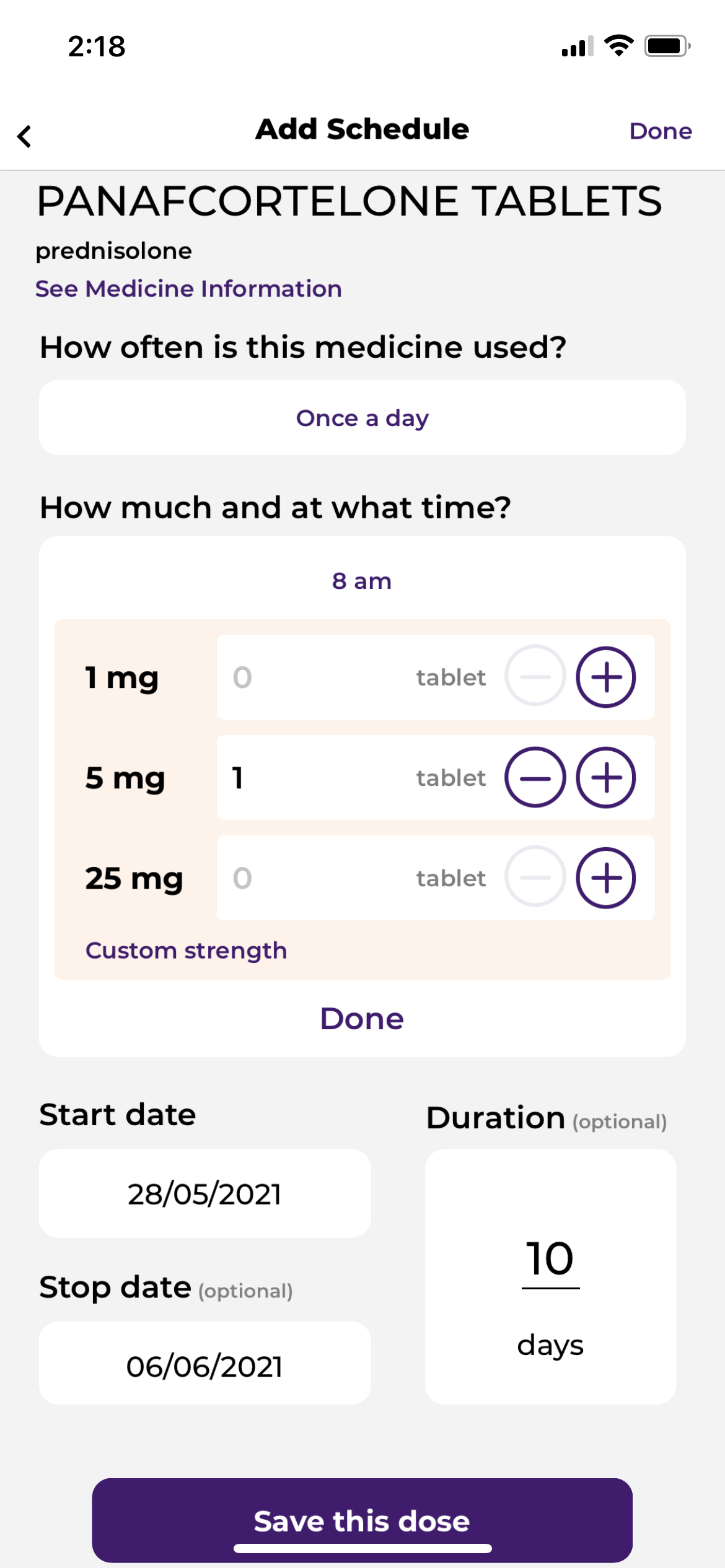 MedicineWise app add dose and frequency screen