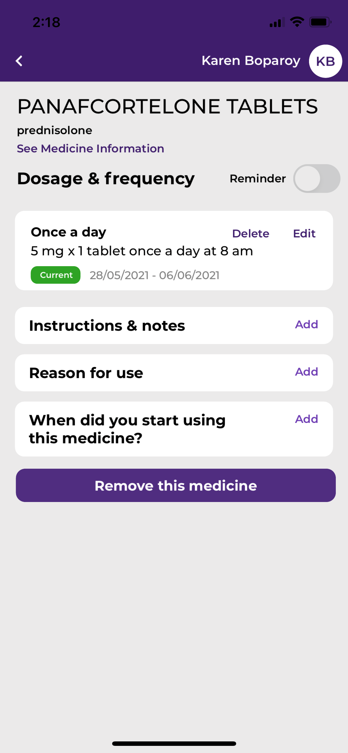 MedicineWise app medicine overview screen